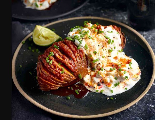 Hasselback sweet potatoes with cottage cheese & 'nduja