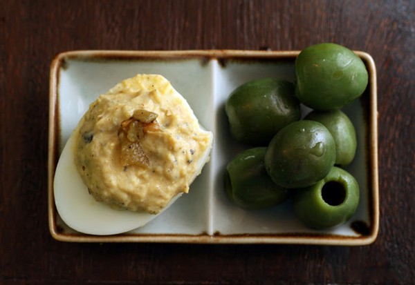 Hatch green chile deviled eggs