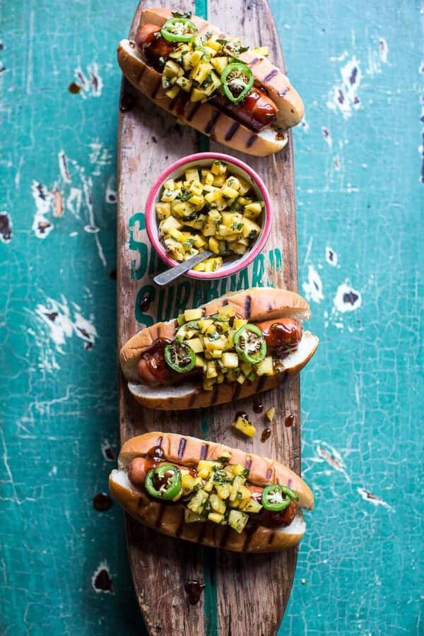 Hawaiian BBQ dog with mango, chili, pineapple and lime relish