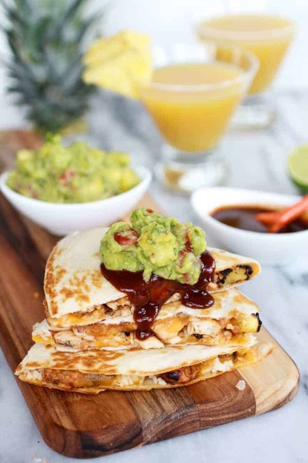 Hawaiian BBQ quesadillas with pineapple-mango guacamole
