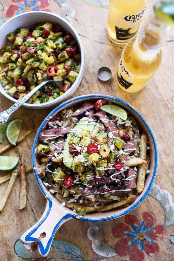 Hawaiian carne asada fries with grilled pineapple pico de gallo