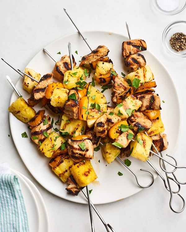 Hawaiian chicken skewers with honey-teriyaki glaze