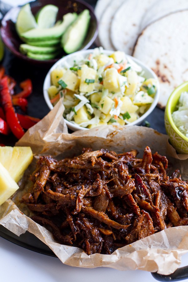 Hawaiian hula pork fajitas with pineapple slaw + coconut rice