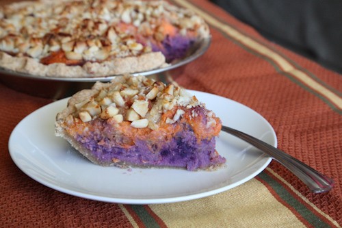 Hawaiian style sweet potato pie, featuring American orange yams and Okinawa purple sweet potato with macadamia nuts