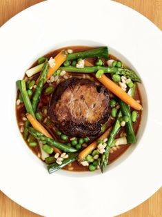 Hay-baked lamb with pear & morels (Hay-baked lamb with peas, morel mushrooms and crushed Jersey Royals)