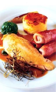 Hay-baked ‘Loose Birds’ chicken with Swaledale-baked dauphinoise, smoked saddleback bacon rolls and buttered spinach