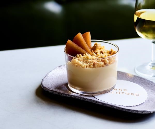 Hay panna cotta with chamomile pears and malt crumb