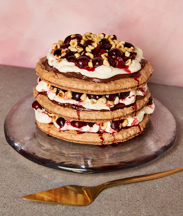 Hazelnut and cherry meringue cake