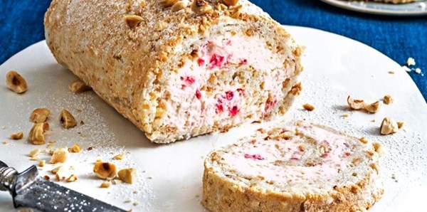 Hazelnut and raspberry roulade