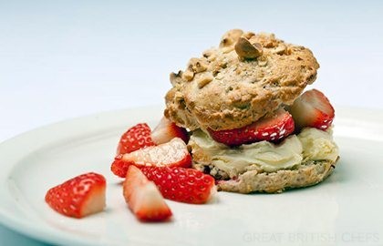 Hazelnut and tonka bean scones with Sweet Eve strawberries and clotted cream