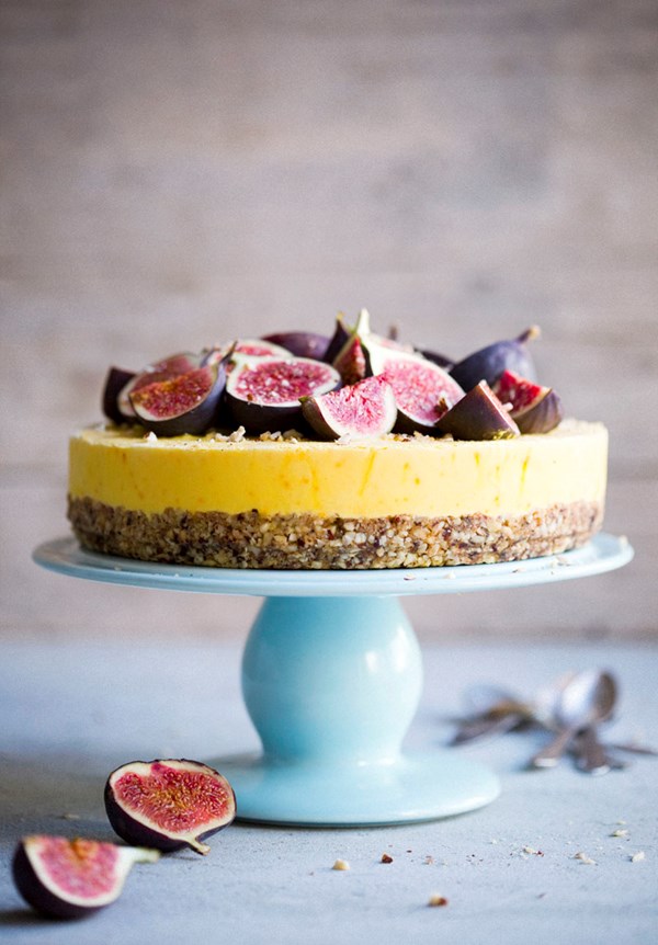 Hazelnut cake with frozen saffron yogurt and honey drizzled figs