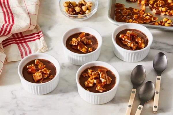 Hazelnut chocolate pots de crème with hazelnut brittle