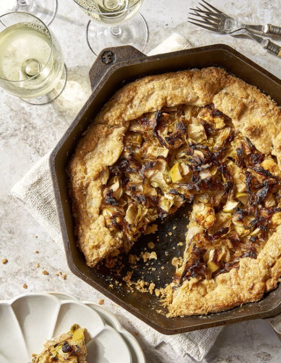 Hazelnut crostata with roasted cabbage, apple and goat cheese