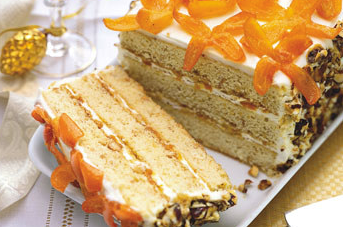 Hazelnut crunch cake with honeyed kumquats