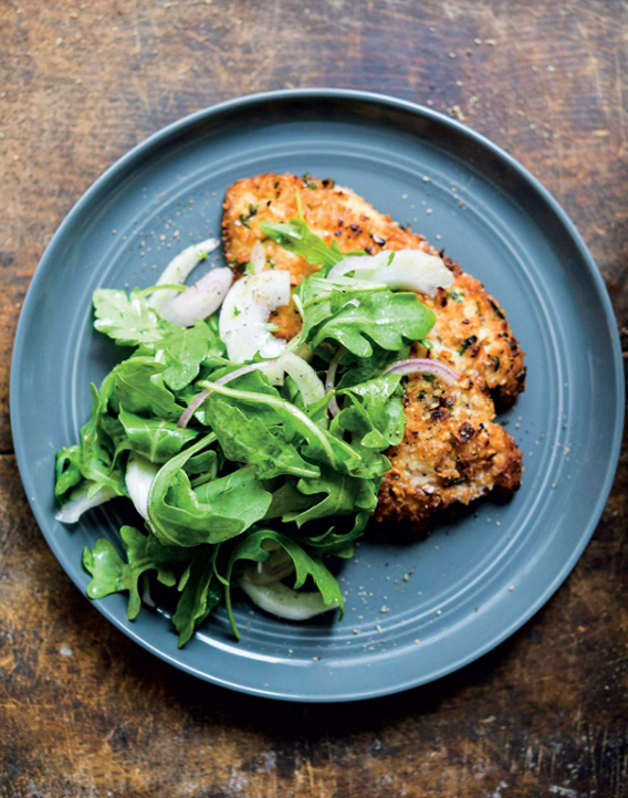 Hazelnut-crusted chicken cutlets with arugula and fennel salad