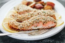 Hazelnut-crusted salmon with roasted potatoes and Brussels sprouts