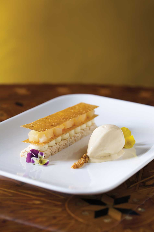 Hazelnut Dacquoise, pear & burnt honey ice cream