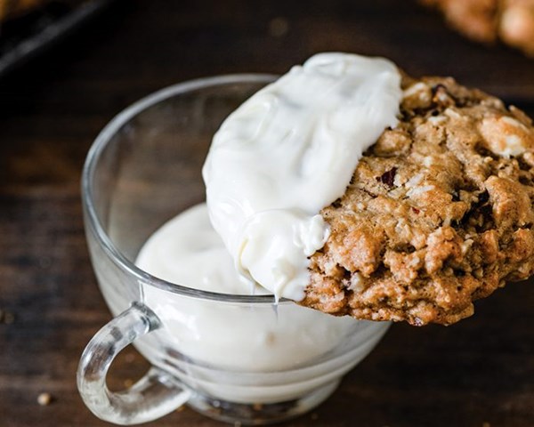 Hazelnut, fig, and white chocolate oatmeal cookies