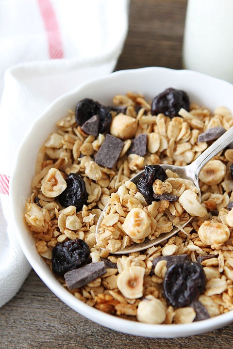 Hazelnut granola with dried cherries and dark chocolate