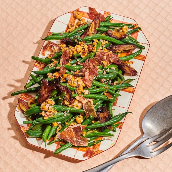 Hazelnut green beans with prosciutto and dates 