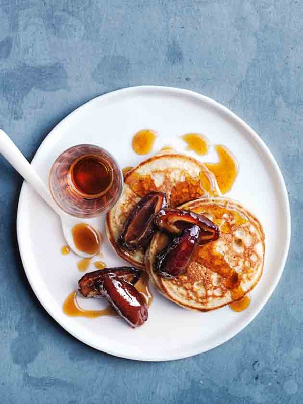 Hazelnut hotcakes with warm maple dates