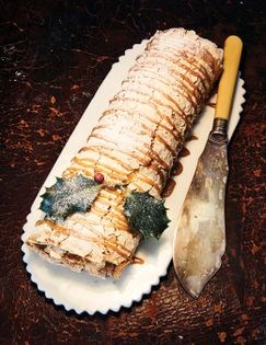 Hazelnut meringue log with Frangelico cream & caramel