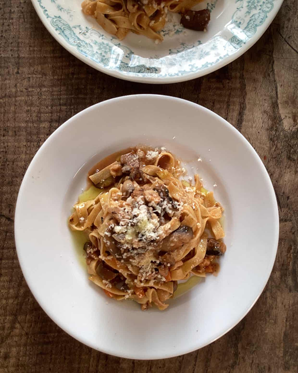 Hazelnut or cobnut and mushroom ragu with pasta