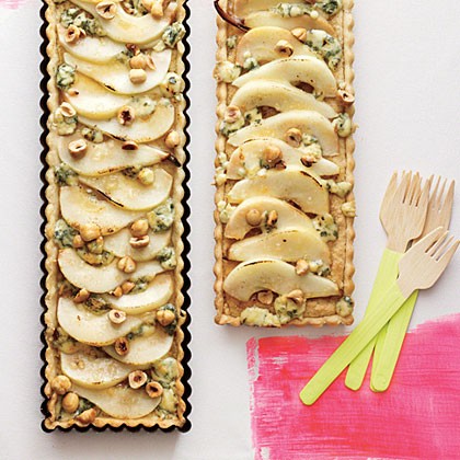Hazelnut, pear, and blue cheese tart