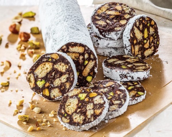 Hazelnut-pistachio-chocolate salami