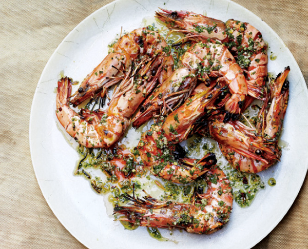 Head-on prawns with chile, garlic, and parsley