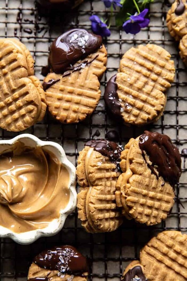Healthier homemade Nutter Butter cookies dunked in chocolate