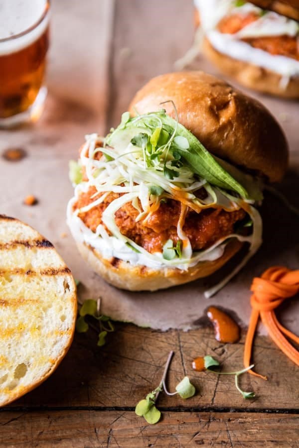 Healthier oven fried sweet tea Buffalo chicken sandwich