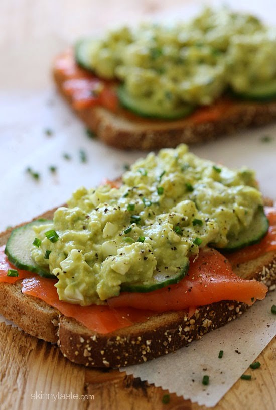 Healthy avocado egg salad and salmon sandwich