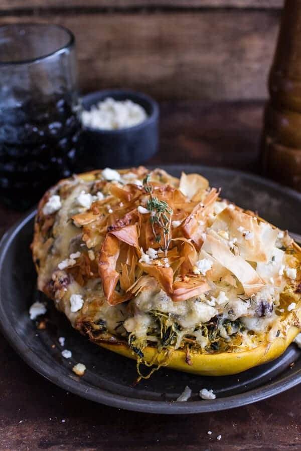 Healthy spanakopita stuffed roasted garlic spaghetti squash + Havarti bowls