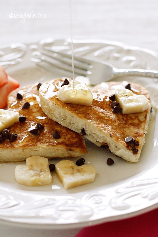 Heart-shaped chocolate chip banana pancakes