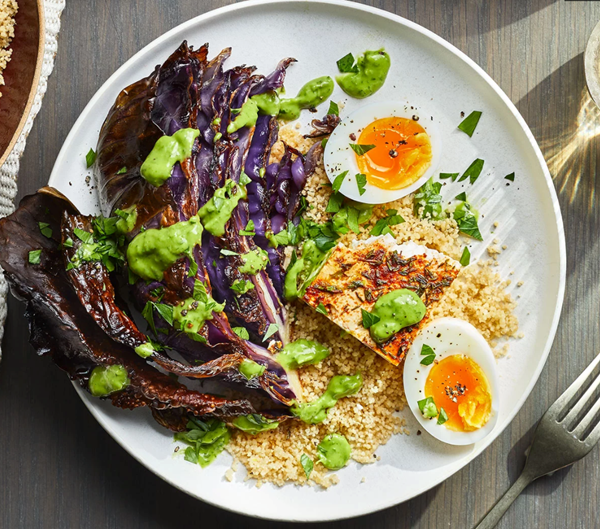 Hearty breakfast salad with roasted cabbage & baked feta