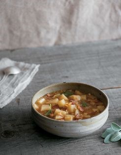 Hearty celery root and red lentil soup