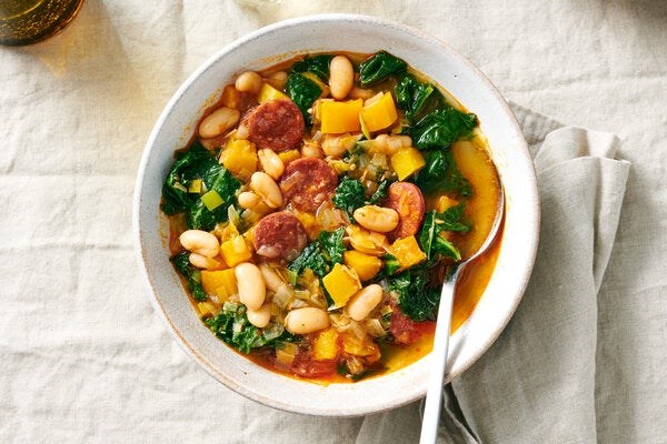 Hearty kale, squash and bean soup