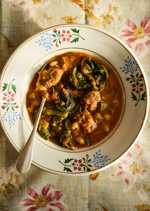 Hearty sausage stew with beans, Swiss chard & cinnamon