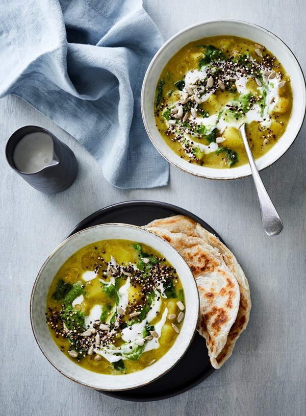 Hearty spiced potato, greens and chickpea soup