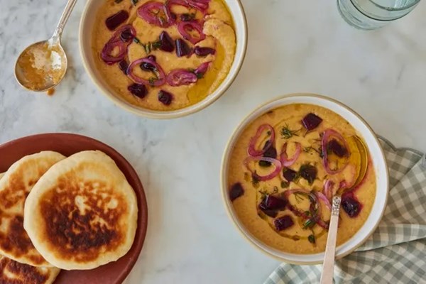 Heirloom & nectarine gazpacho with cheesy flatbreads