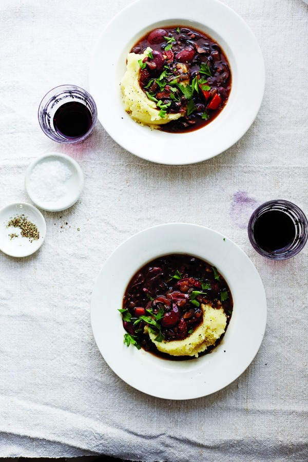 bean bourguignon with celery root mash