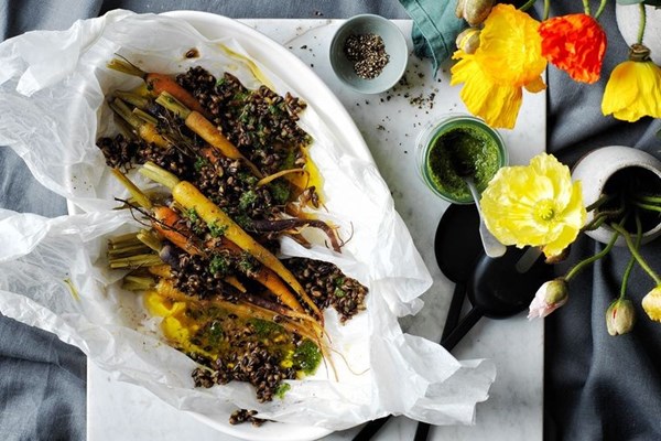 Heirloom carrots with black barley and carrot top pesto