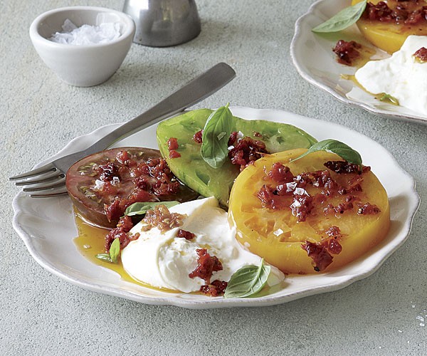 Heirloom tomato and burrata salad with tomato conserva vinaigrette