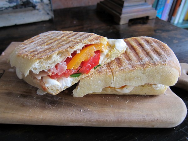 Heirloom tomato panini with prosciutto and mozzarella