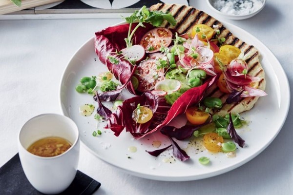 Heirloom tomato, radish & yoghurt flatbread panzanella