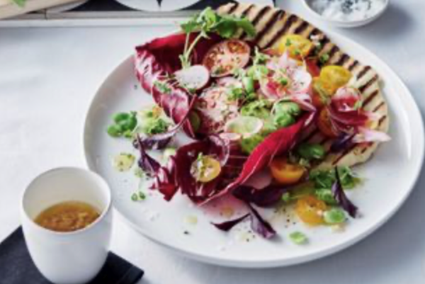 Heirloom tomato, radish and yoghurt flatbread panzanella