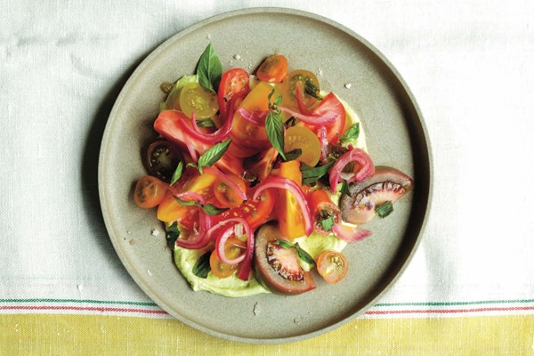 Heirloom tomato salad [curry lime yogurt dressing & pickled red onions]