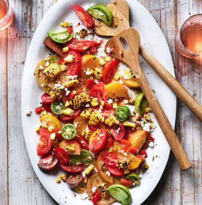 Heirloom tomato salad with charred corn & pepper salsa