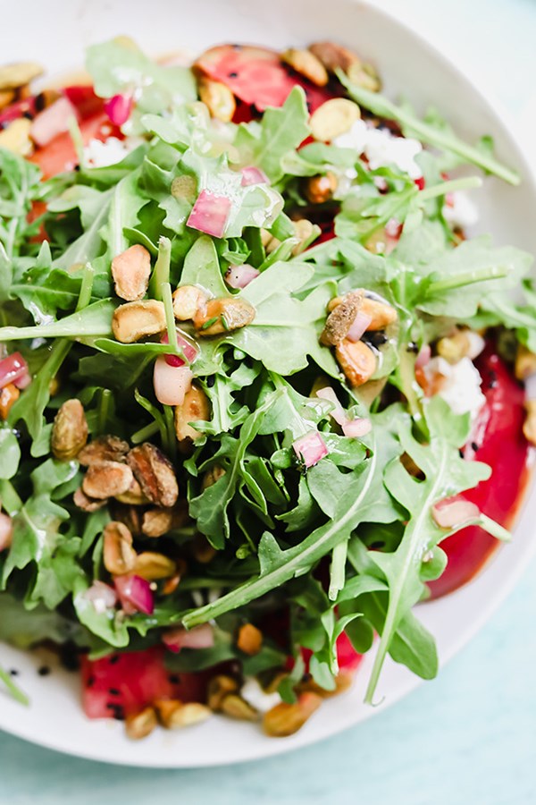Heirloom tomato salad with watermelon, feta, and pistachios [red wine vinaigrette]